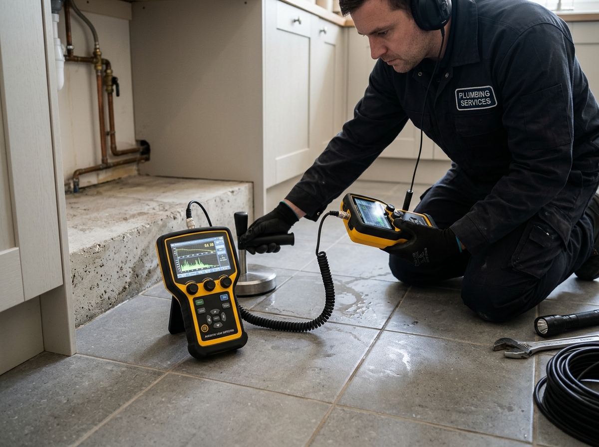 Electronic slab leak detection equipment on residential tile floor in Melbourne Florida
